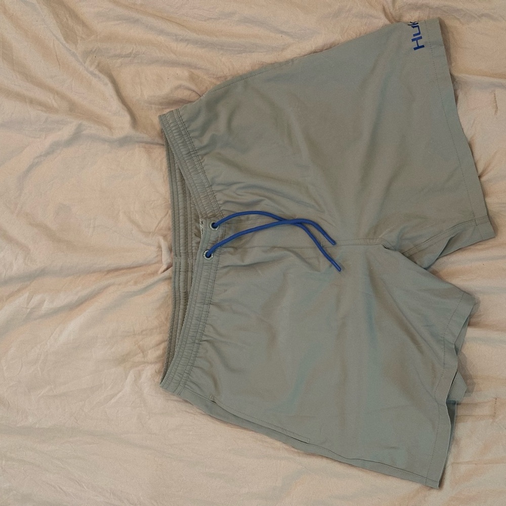 Gray Swim Shorts with Blue Drawstring